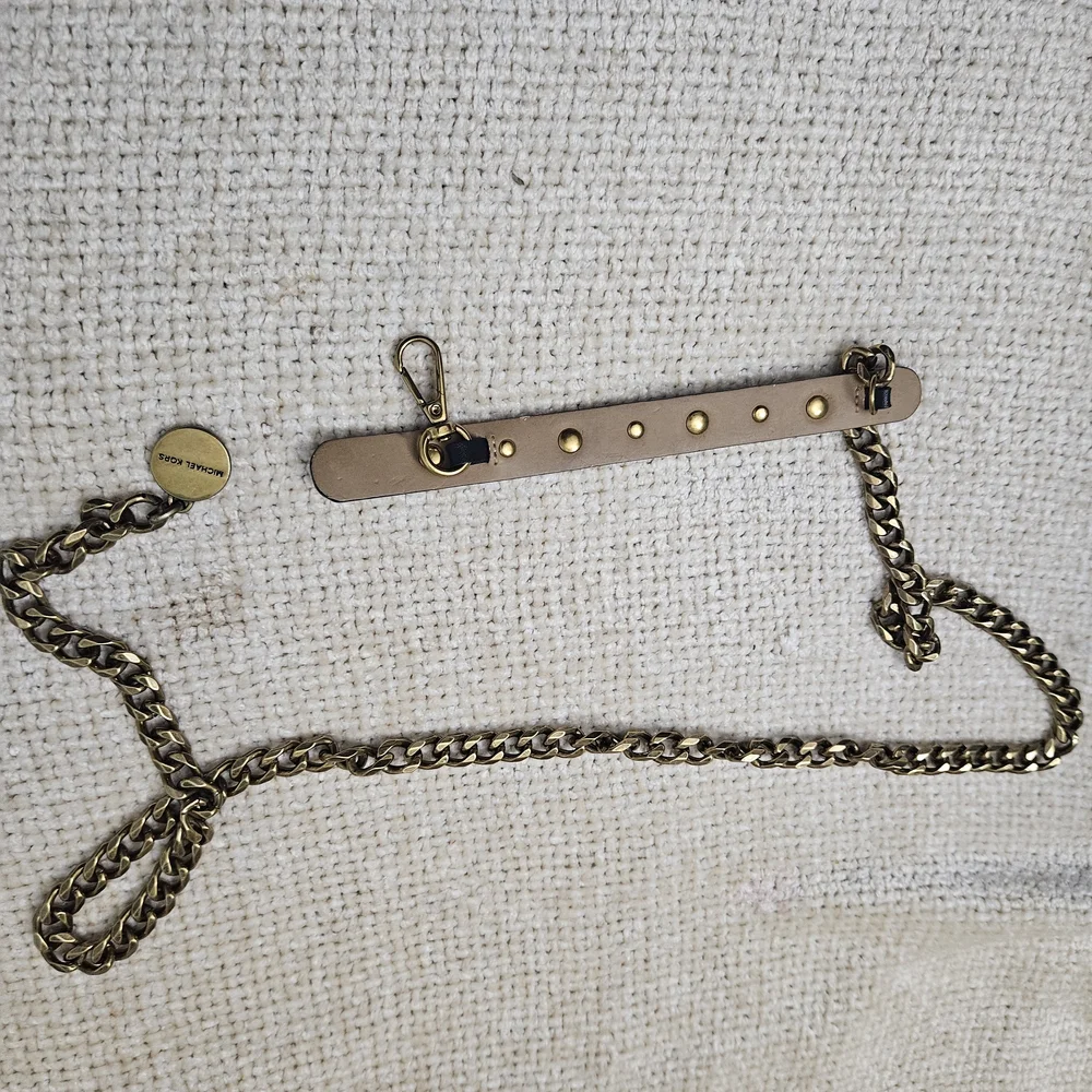 Michael Kors Gold and Black Studded Faux Leather Chain Belt.